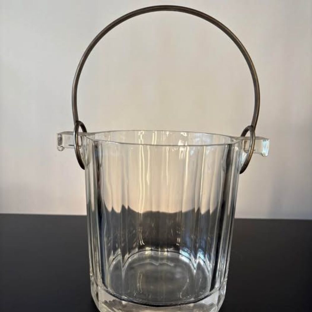 Vintage Paneled Glass Ice Bucket with Metal Handle